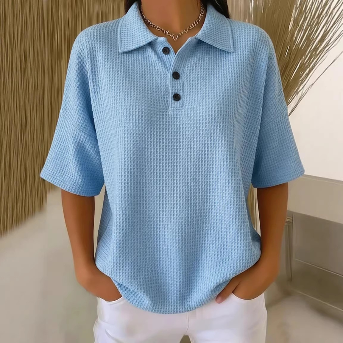 Buttoned Waffle-knit Short-sleeve T-shirt Solid-color Pullover Top