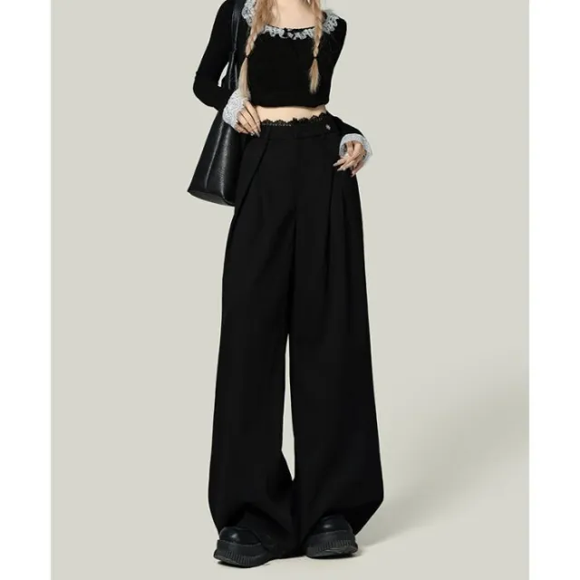 Black Lace Stitching Wide leg Casual Pants Women Black - Shop at LoveMi