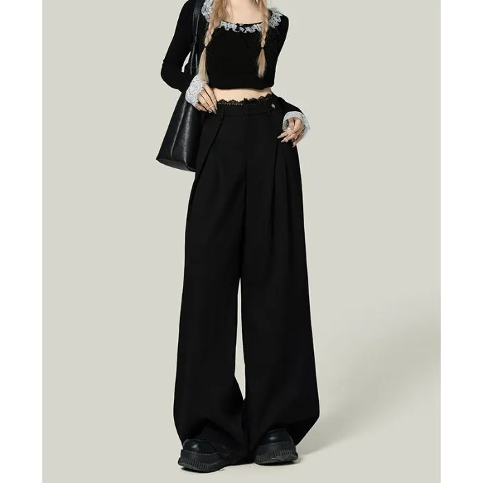 Black Lace Stitching Wide-leg Casual Pants Women - Black