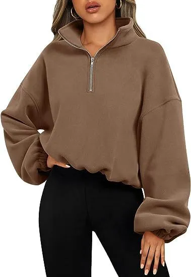 Women's Half Zipped Stand Collar Drawstring At Hem Polar Fleece Autumn Winter Sweater Caramel - Shop at LoveMi