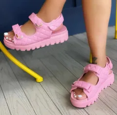 Women's Sandals European And American Plus Size Classic Style Plaid Velcro Thick Low Beach - Pink - View 1