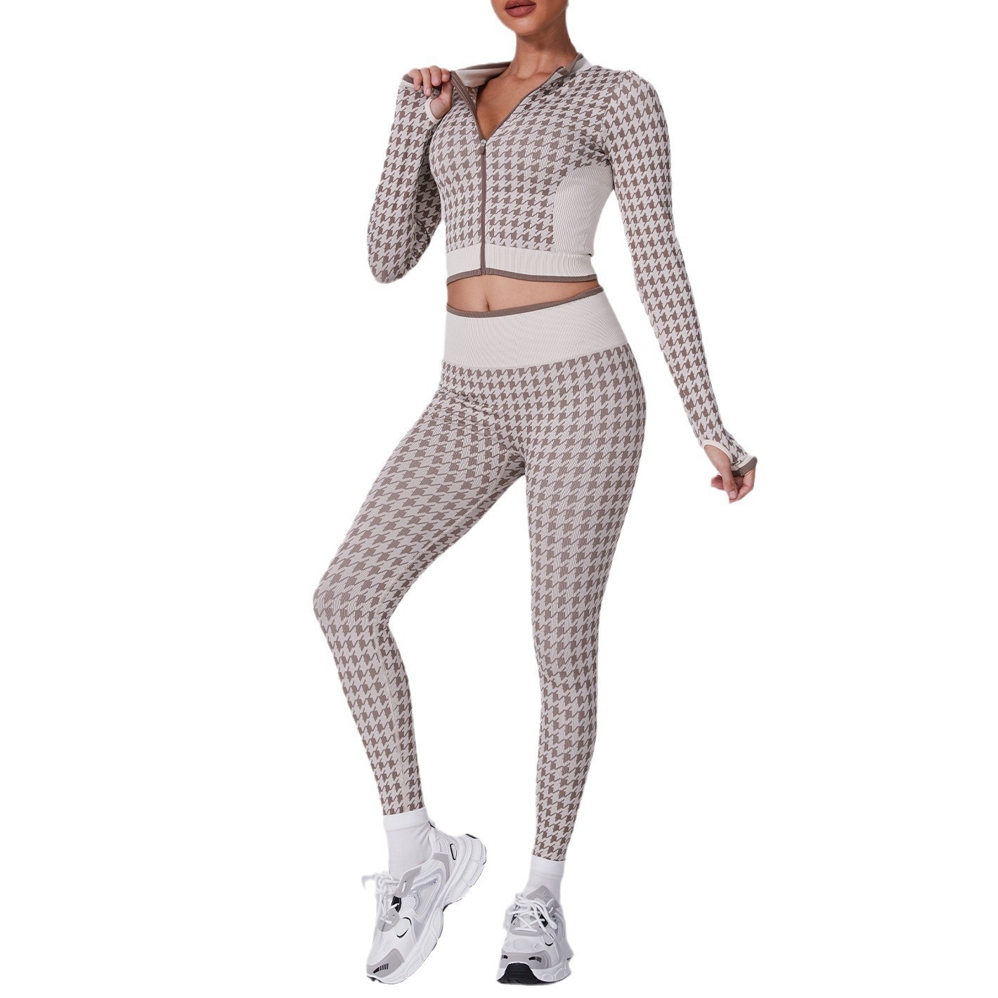 High Waist Houndstooth Yoga Suit Sports Fashion