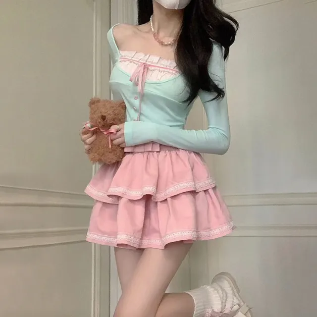 Spring And Summer Vigorous Girl Lace Collar Cardigan Slim Slimming Dress Two piece Set Top Skirt M - Shop at LoveMi