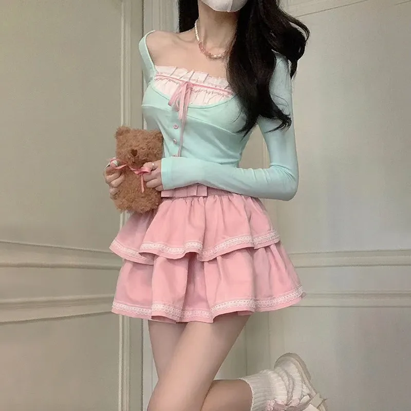 Spring And Summer Vigorous Girl Lace Collar Cardigan Slim Slimming Dress Two-piece Set - Top Skirt-M