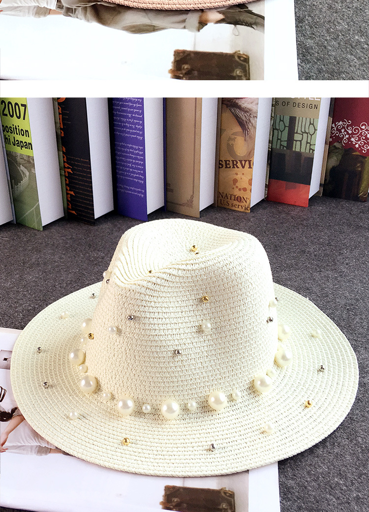 Title 5, Outdoor Beach Flat Brim Straw Pearl Beaded Hat