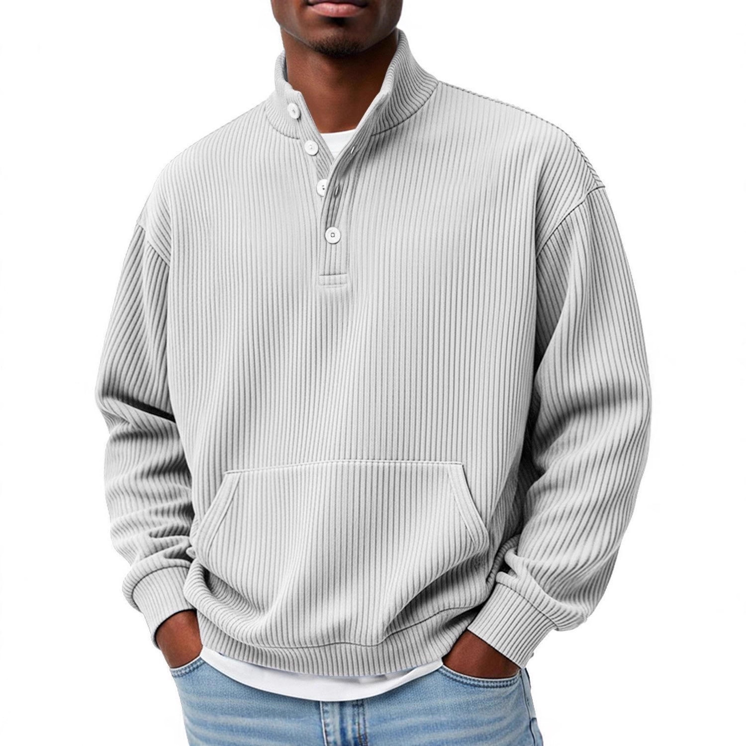 Mens Solid-Color Turtleneck Casual Long-Sleeve Polo Sweatshirt With Pockets For Men Spring Autumn Clothing Loose Button Polo Collar Tees Tops Man Outwear - Image 5