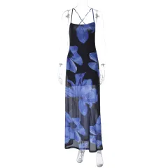 Halter Strap Mesh Floral Print Long Dress - Blue - View 1