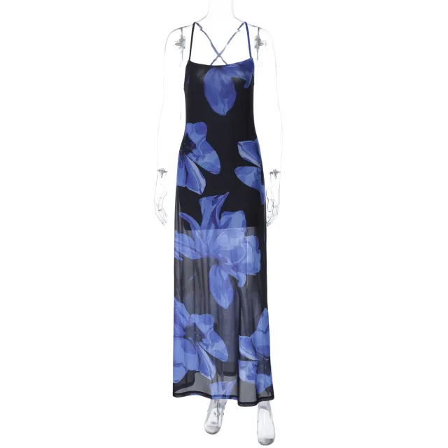Halter Strap Mesh Floral Print Long Dress Blue - Shop at LoveMi