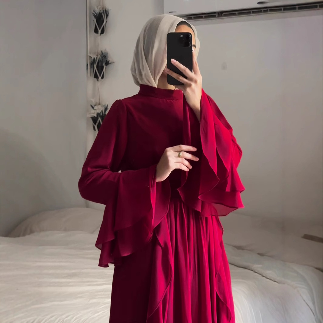 Chiffon Long Dress With Ruffled Trim And Panel Stitching