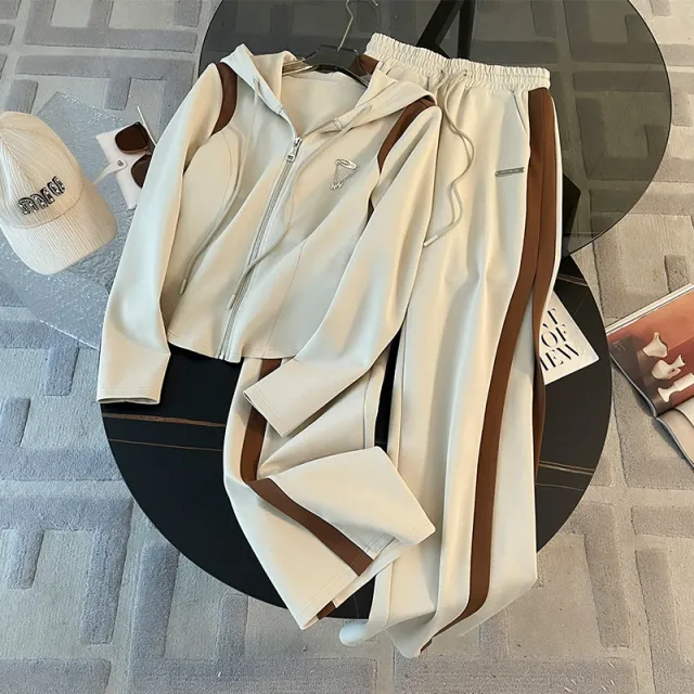 Women's Casual Sports Hooded Zipper Jacket Wide Leg Pants Suit Khaki Suit - Shop at LoveMi