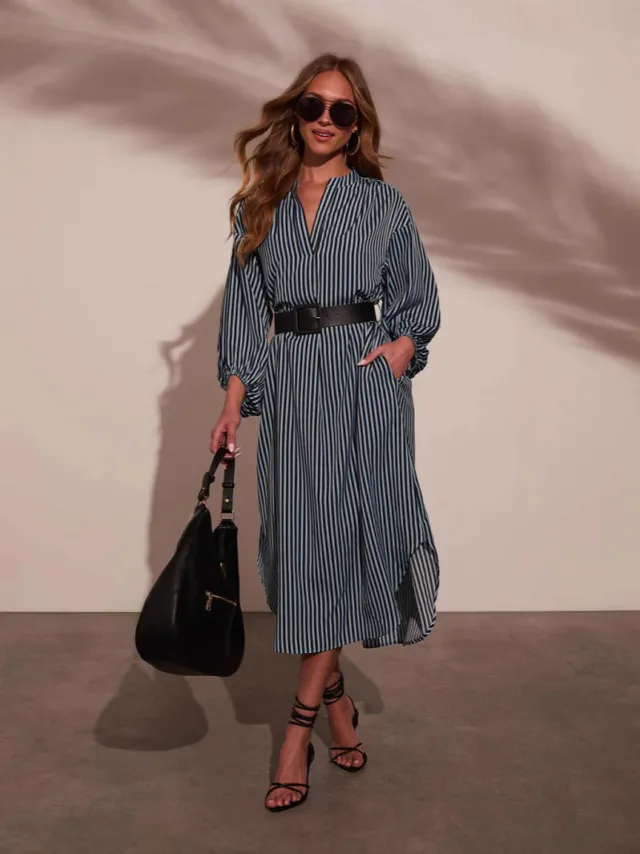 Women's Fashion Striped Elegant Long Sleeve Dress Blue - Shop at LoveMi