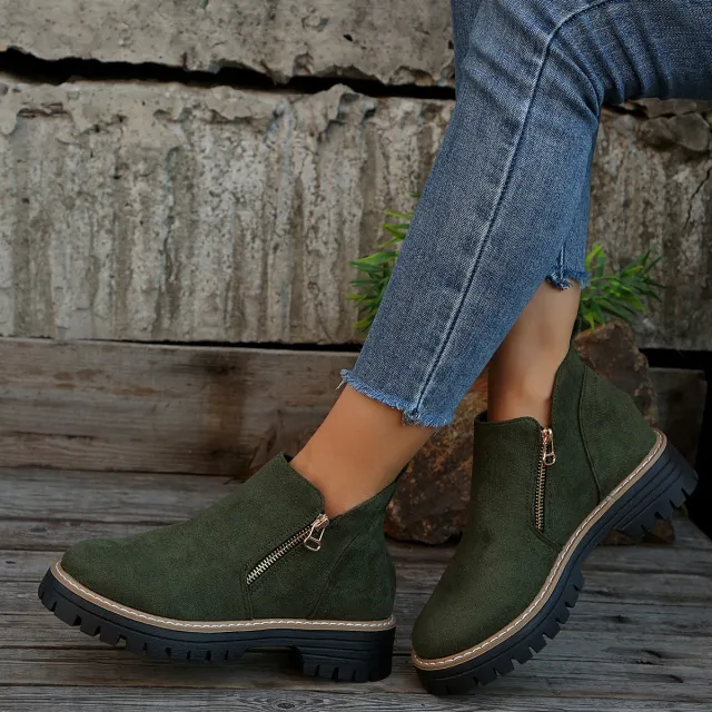 Fashion Ankle Boots With Side Zipper Ins Chunky Boots Autumn Winter Suede Shoes Women Green - Shop at LoveMi