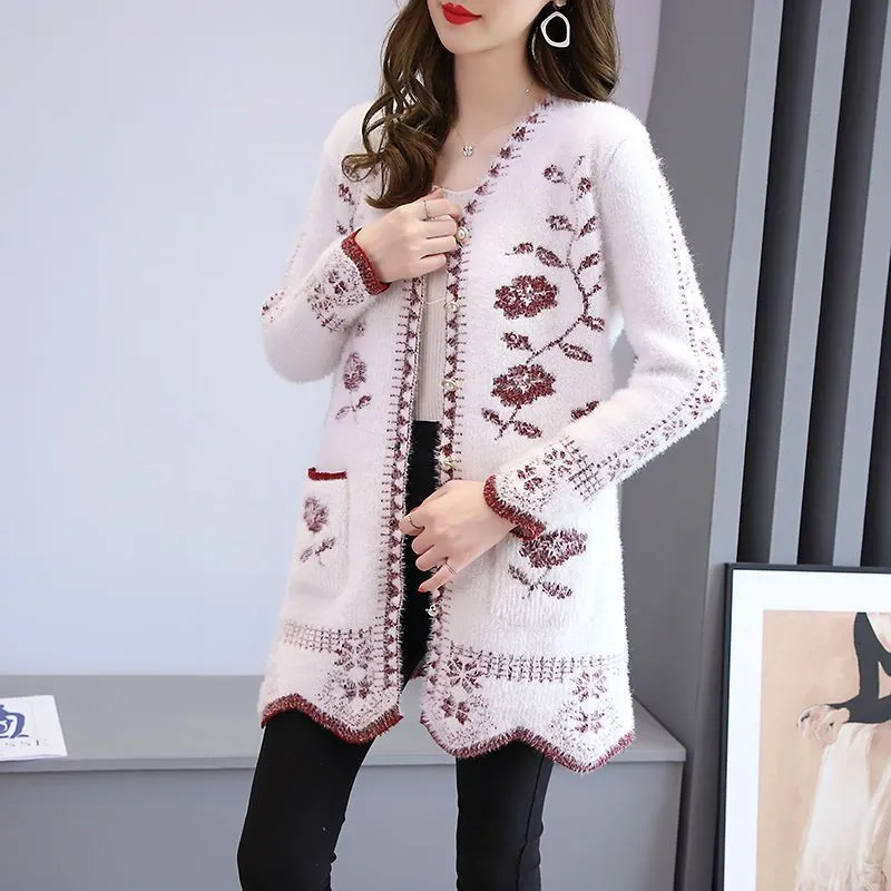 Autumn And Winter Cardigan Knitwear Women's Mid-length Sweater Coat - Wine Red