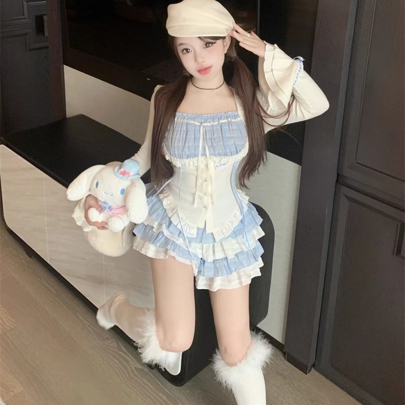 Waist-controlled Top Women's Autumn Tiered Skirt Short Skirt Two-piece Set