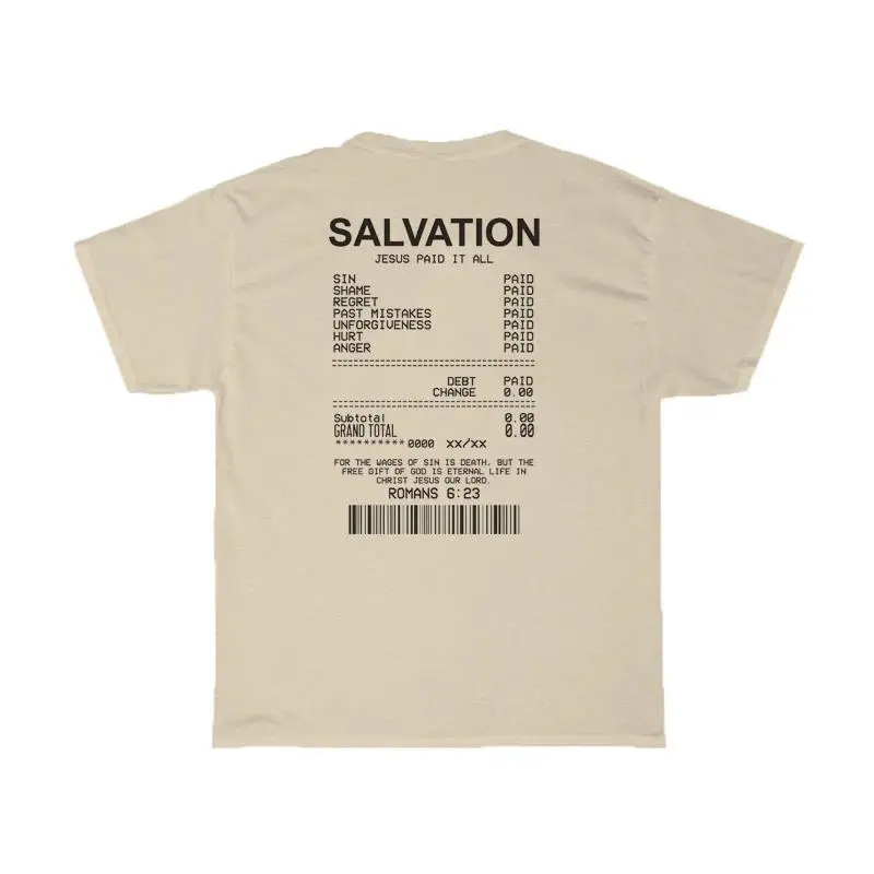 Women Salvation Back Print Bible Verse T-Shirts Oversized - Khaki