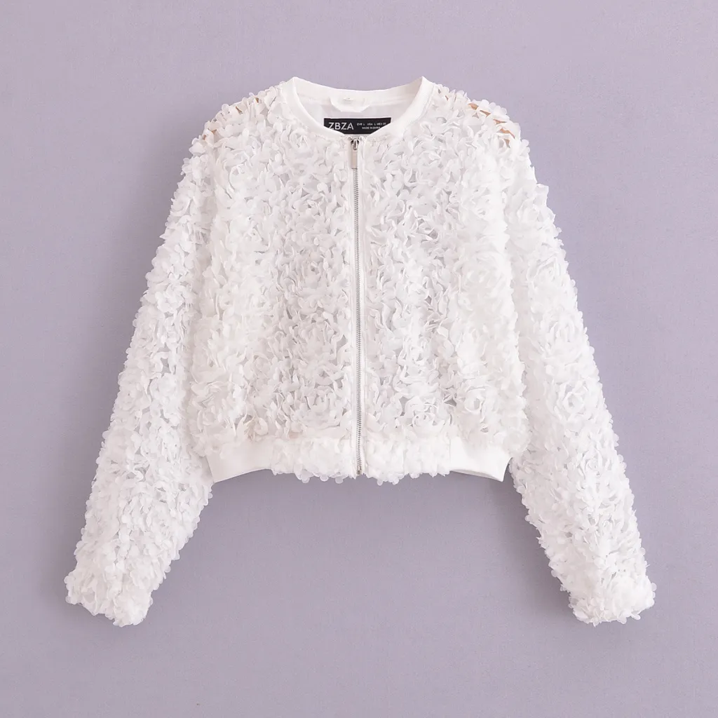 Flower Decoration Loose Short Jacket - White