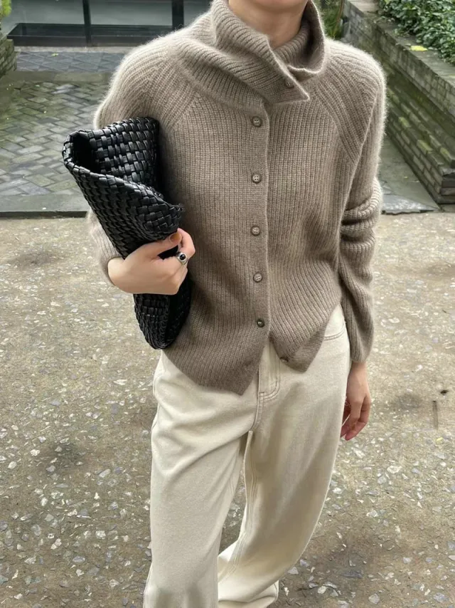 Thin Bedford Cord Sweater Idle Style Single breasted Loose Solid Color Knitted Cardigan Women's Clothes Camel - Shop at LoveMi