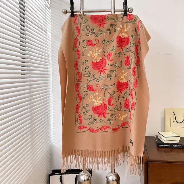 Contrast Color Pomegranate Leaf Embroidered Double sided Shawl Khaki - Shop at LoveMi