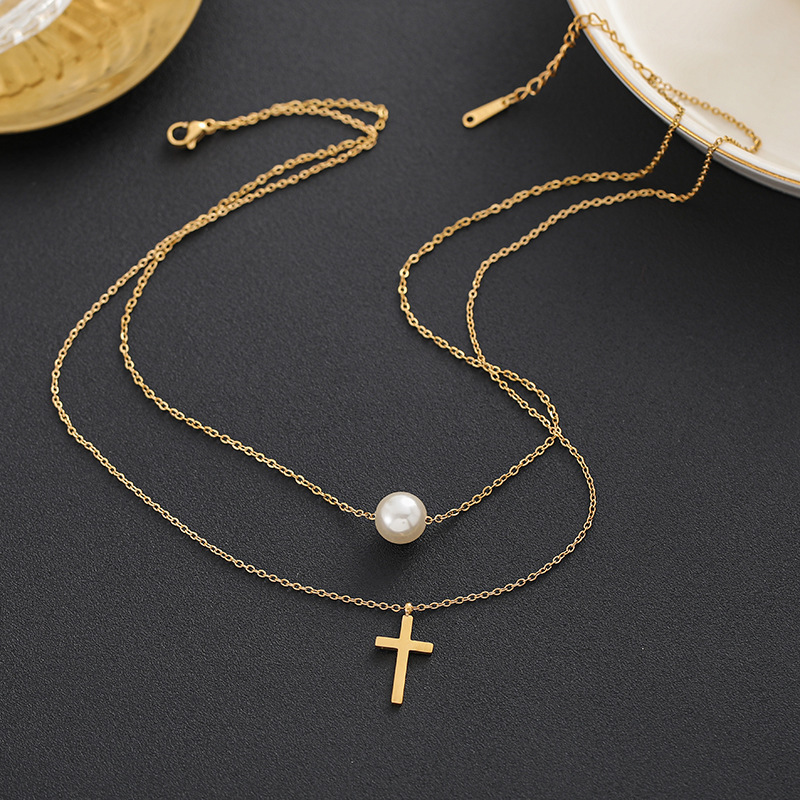European And American Titanium Steel Clavicle Chain Cross Pendant Pearl Design
