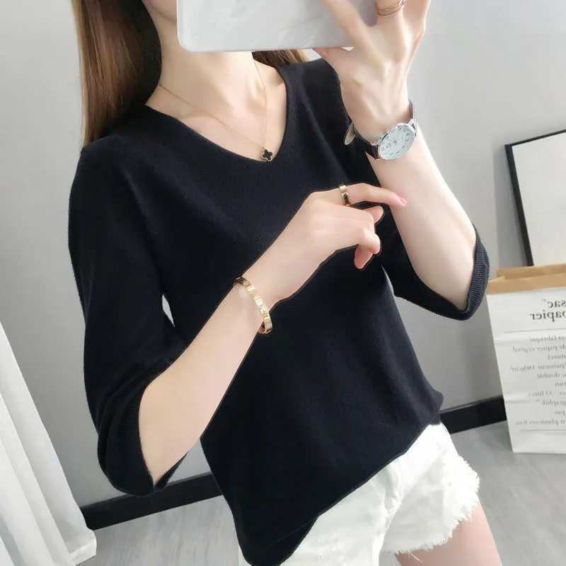 Ice Silk Sweater Women's Three-quarter Sleeve Top - Black