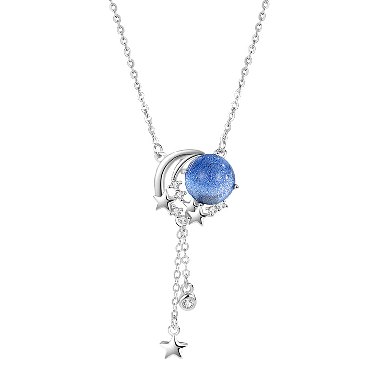 Sterling Silver S925 Simple Niche Design Glazed Stone Clavicle Chain Ins Style Moon Pendant