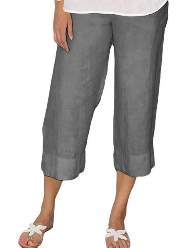 Solid Color Cotton And Linen Women's Simple Loose Casual Cropped Pants Gray - Shop at LoveMi