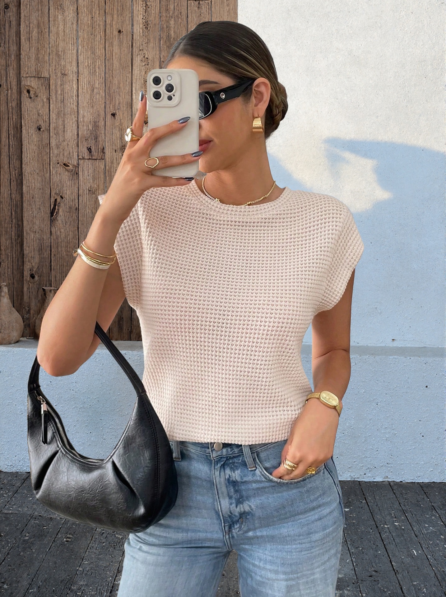 Womens Casual Crew-Neck Sleeveless Hollow-Out T-Shirt
