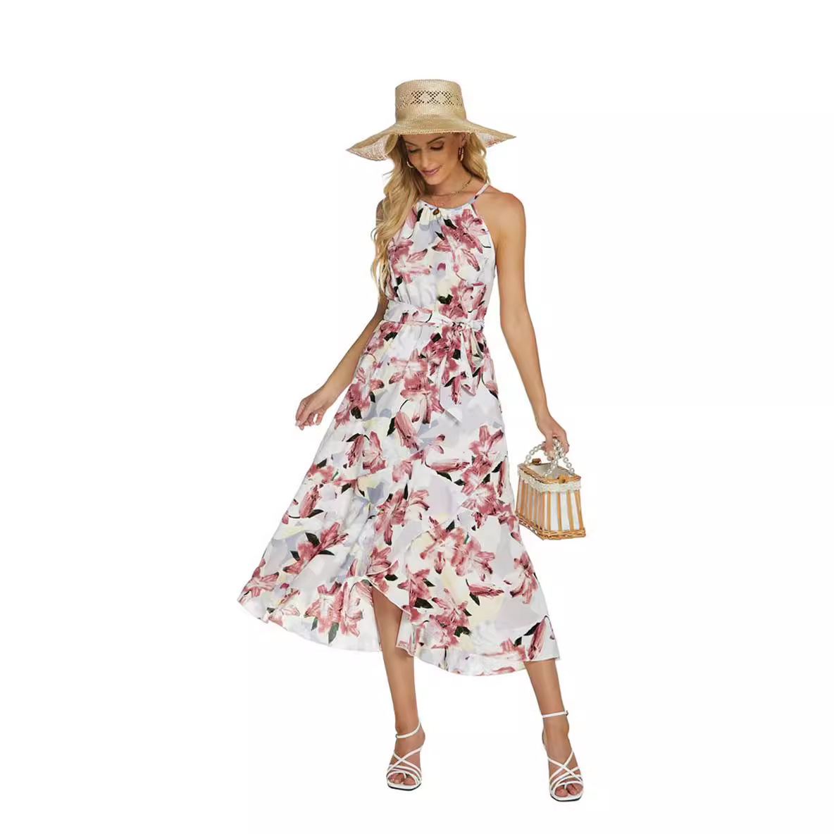 Fashionable Printed Halterneck Sleeveless Lace-Up Dress