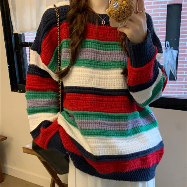 Autumn And Winter American Retro Lazy Style Contrast Color Striped Sweater Red - Shop at LoveMi