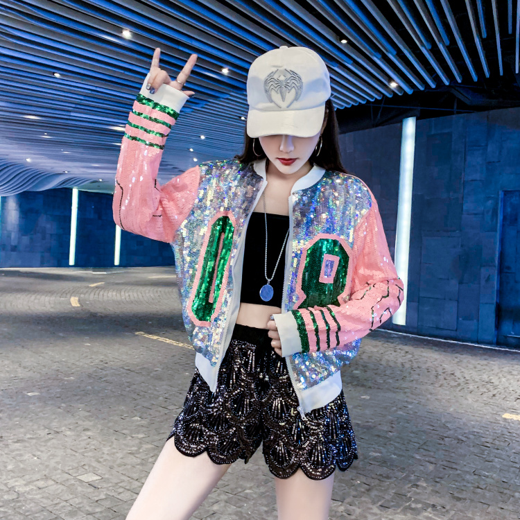 Women's Sequined Hip Hop Casual Loose Baseball Collar Jacket Coat