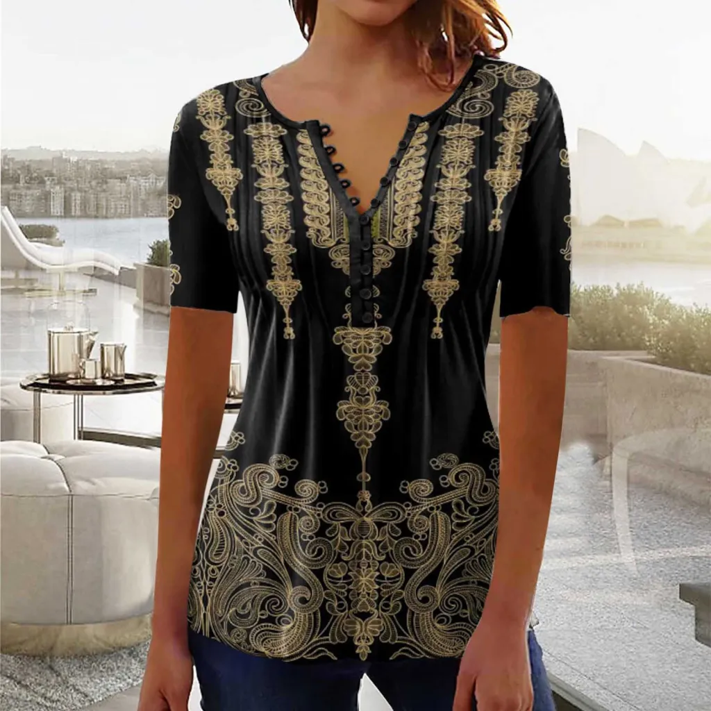 Women's Digital 3D Printed Pleated Round Neck T-shirt - Bddkzz010-L