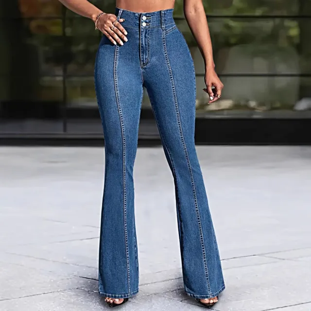 Front And Rear Stitching High Slimming Elastic Mid waist Flared Jeans Blue - Shop at LoveMi