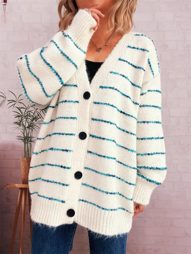 Retro Loose Striped Contrast Color Single breasted Long Knitted Cardigan Sweater White - Shop at LoveMi