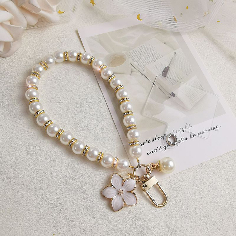 Mobile Phone Lanyard Pearl Pendant Flower Keychain White Flowers - Shop at LoveMi