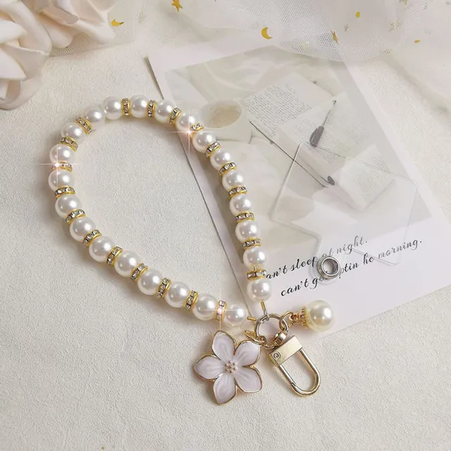 Mobile Phone Lanyard Pearl Pendant Flower Keychain White Flowers - Shop at LoveMi