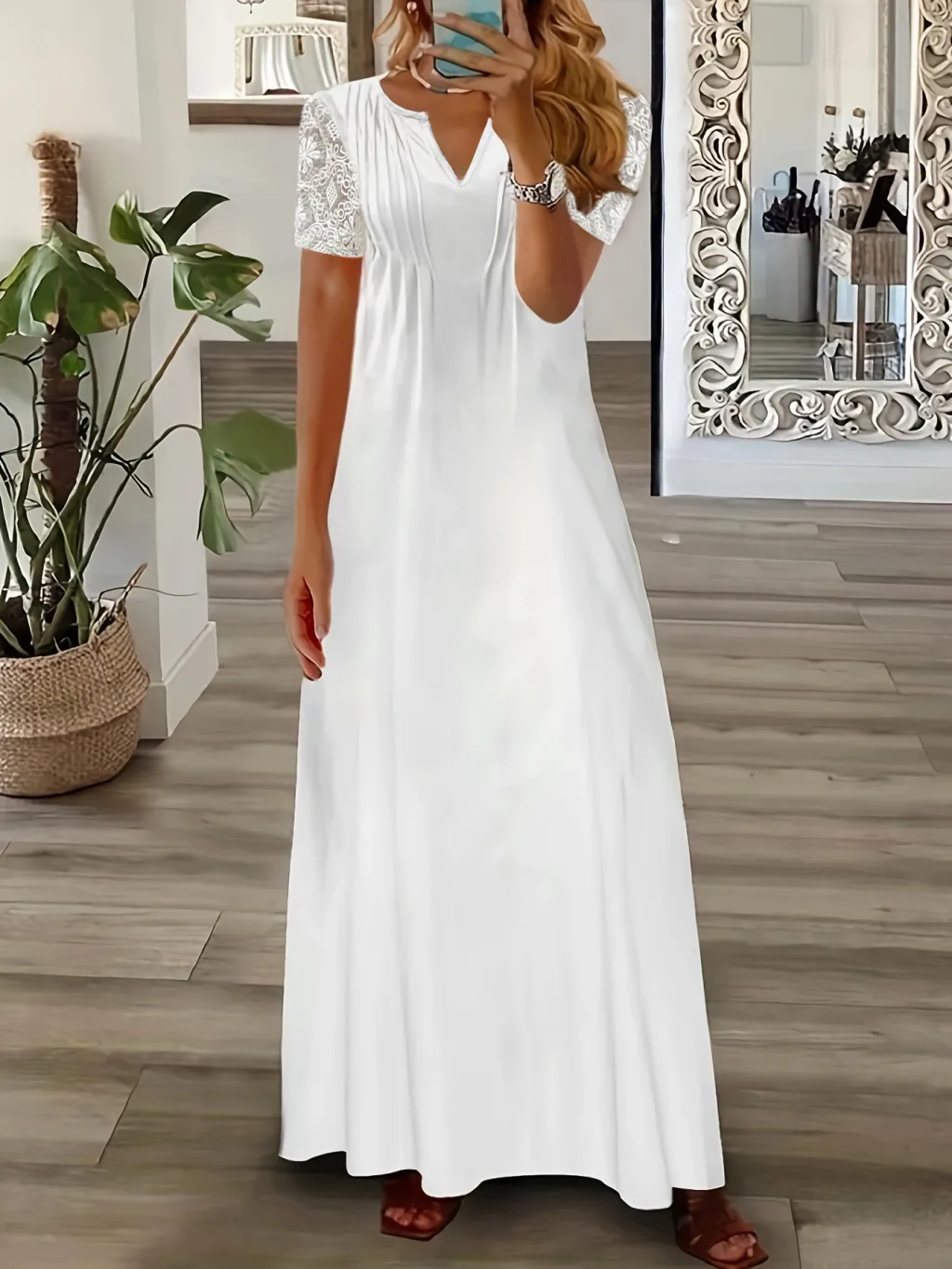 White Lace Ruffled Short Sleeves Hollow Dress - 8029 Style