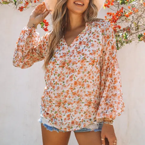 Women's Floral Chiffon Shirt Loose V-neck Casual Top