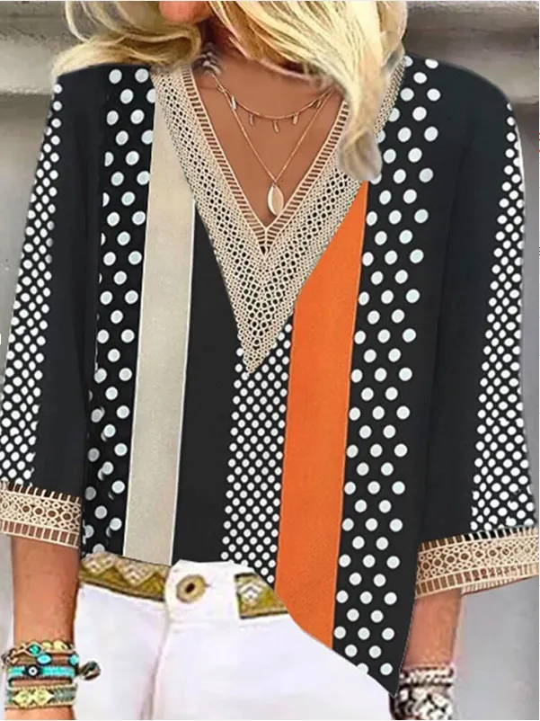 Women's Loose New Multi color Floral Print Stitching Lace Mid sleeve V neck T shirt 2Figure - Shop at LoveMi