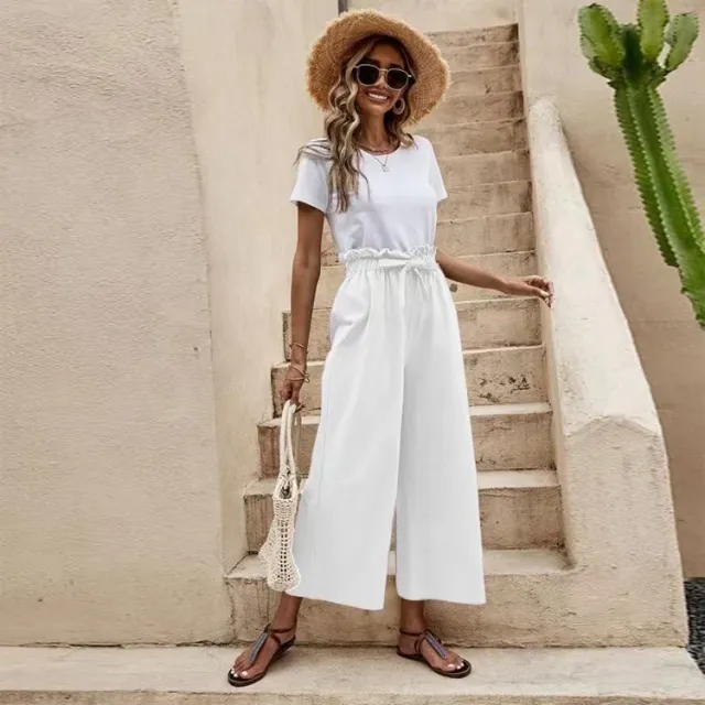 Elastic Waist Solid Color Cotton And Linen Belt Wide Leg Pants Loose Cropped Pants White - Shop at LoveMi