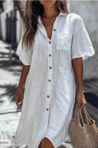 Long Button Short Sleeve Linen Elegant Shirt White - Shop at LoveMi