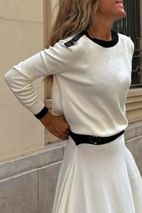 Long Sleeve Irregular Solid Skirt Two-piece Set - White