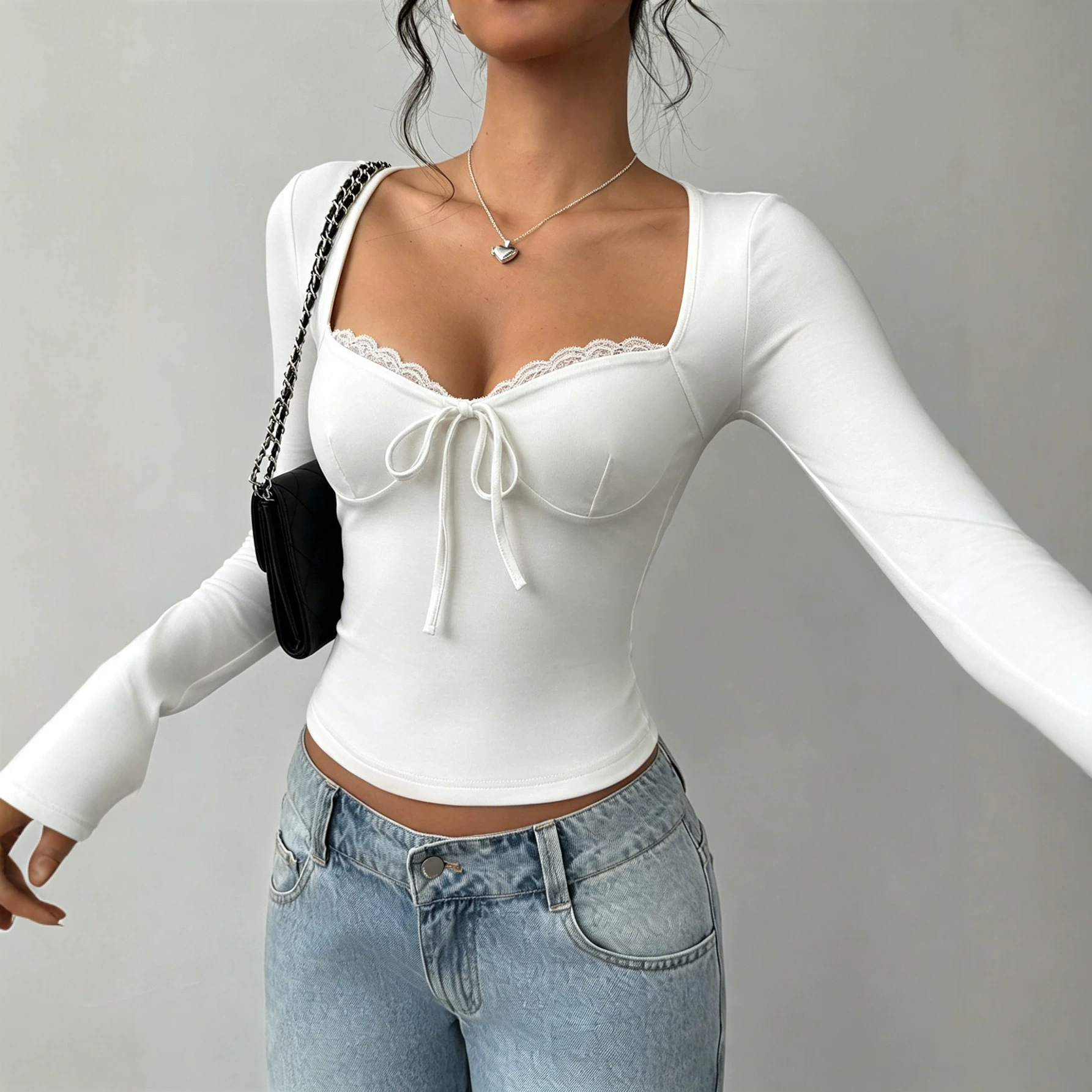Womens Lace Long-sleeve Tie-front Top
