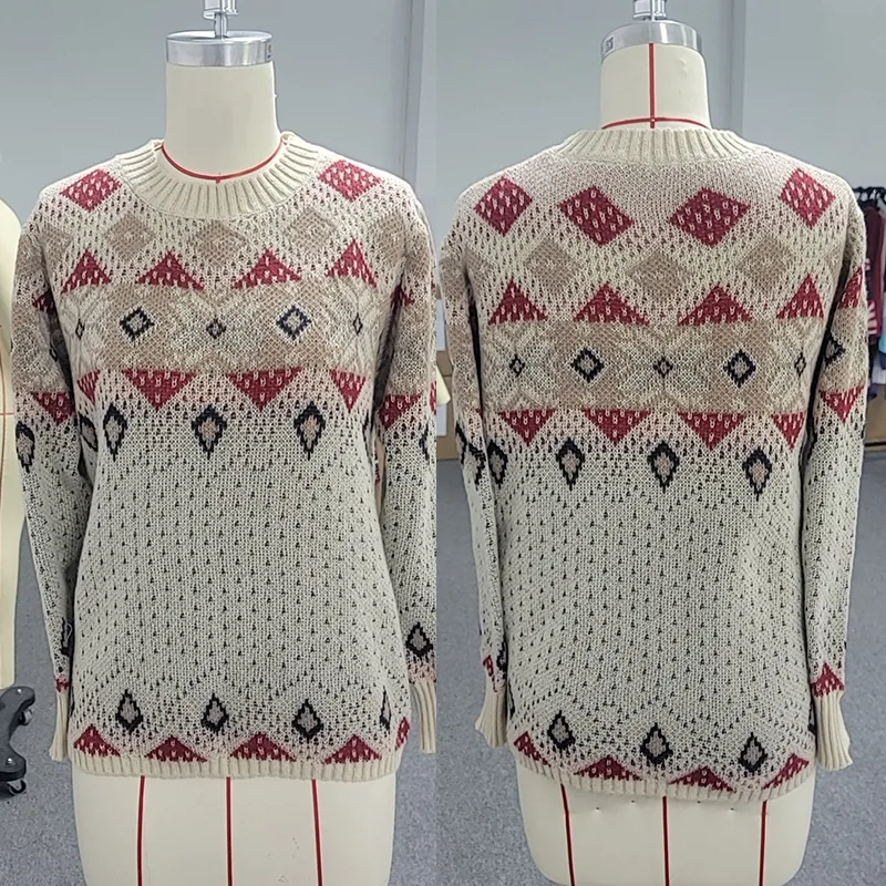 Women's Geometric Rhombus Contrast Color Sweater Warm - Apricot