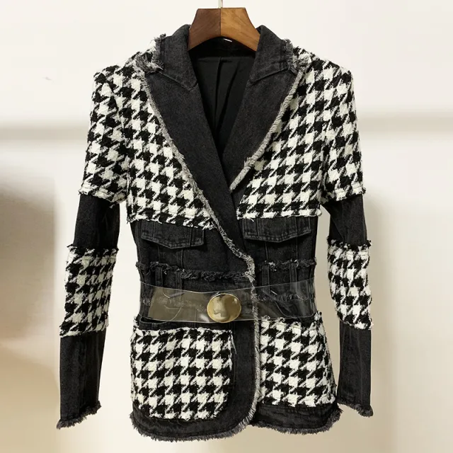 Fashion Trend Tweed Houndstooth Denim Stitching West Assembly Belt - Shop at LoveMi