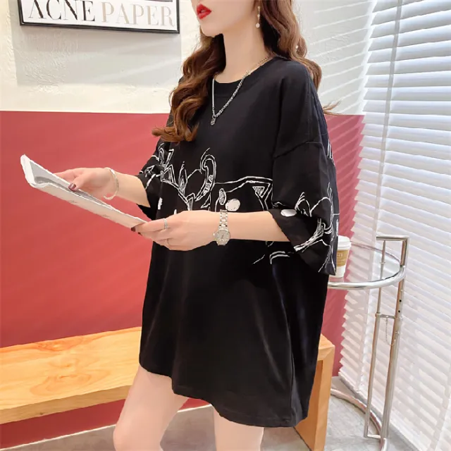Female Creative Retro Loose Printed Short Sleeved Shirt Black - Shop at LoveMi