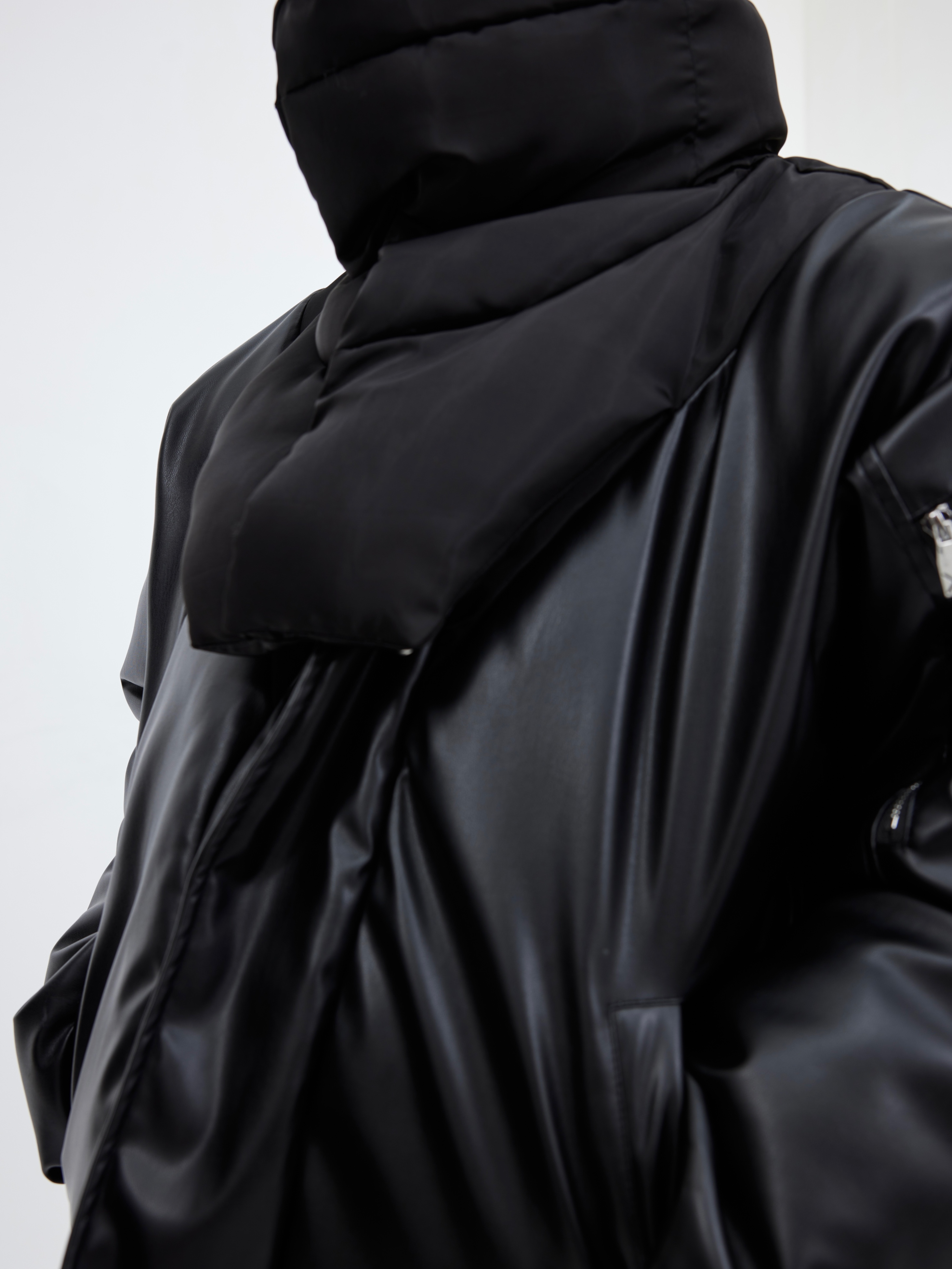 Double-layer Collar Design Cotton Coat Jacket Glossy PU Leather Stitching Thickening Cotton-padded Coat