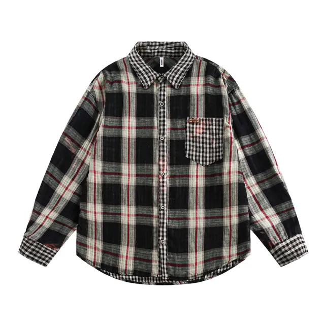 Plaid Shirt Women's Spring And Autumn Stitching Fake Two piece Casual Long Sleeve Lapel Top Black - Shop at LoveMi