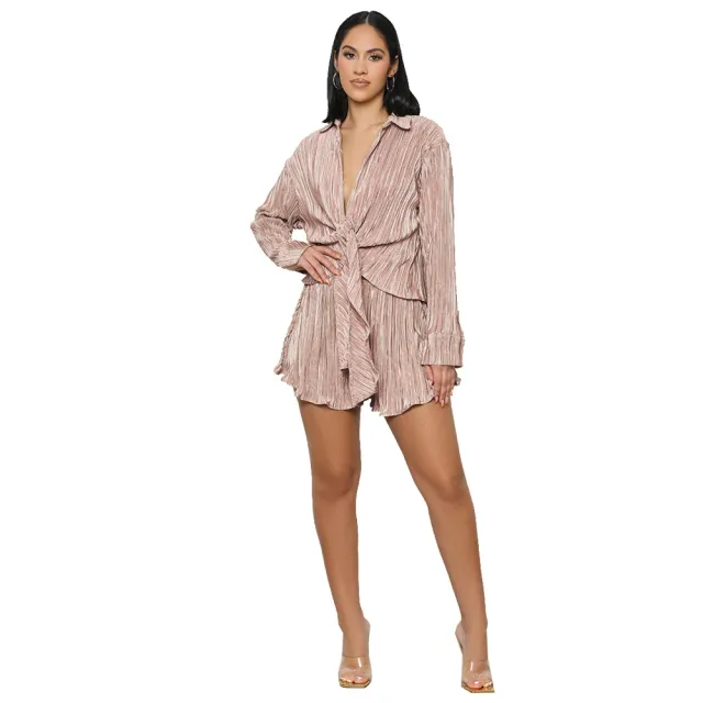 Fashion Pleated Shorts Two piece Set Pink - Shop at LoveMi