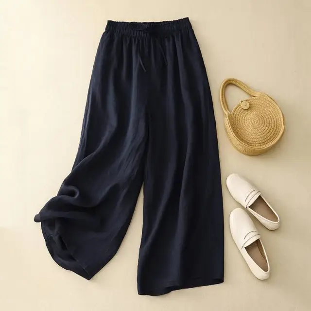 Cotton And Linen Art Retro Double layer Wide leg Pants Dark Blue - Shop at LoveMi