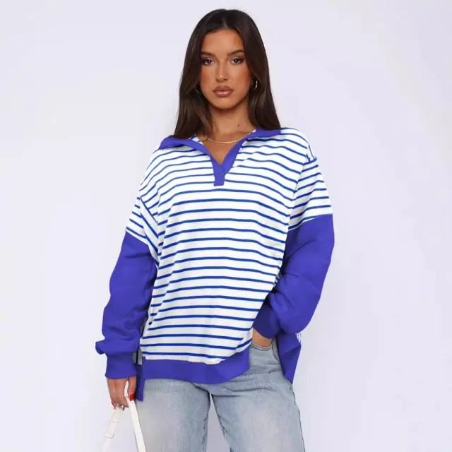 Fashion Loose Contrast Color Striped Sweater Split Women 047 White Bottom Blue Stripe - Shop at LoveMi